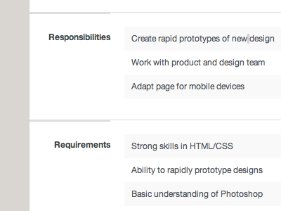 Position details headings list table zebra