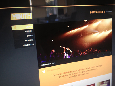 Hillsong Youth Adults church dark hillsong layout orange ui website yellow