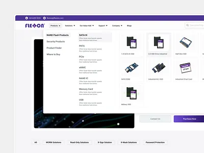 Product Mega Menu - Flexxon SSD clean design figma industrial industry manufacture mega menu nand nav nav bar navigation project ssd ui user centric ux uxui web web header website