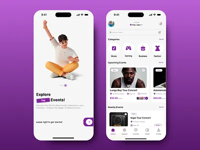 Event Discovery App Design app app navigation category filters clean design concert booking event app design event discovery fashion events flat ui elements mobile interaction mobile ui modern interface music events onboarding screen purple gradient responsive layout tech and design ticket booking upcoming events user friendly design