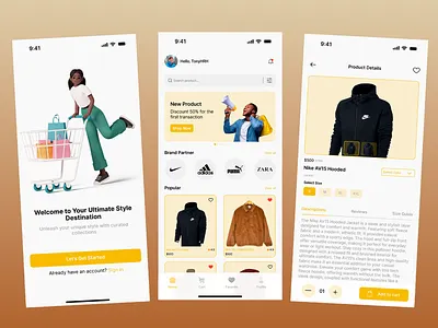 Fashion E-Commerce App Design brand partnerships call to action buttons clothing store curated collections e commerce app fashion shopping intuitive interface minimalist layout mobile first design mobile ui modern design onboarding screen product categories product details promotional banners responsive design shopping cart stylish design user experience warm color scheme