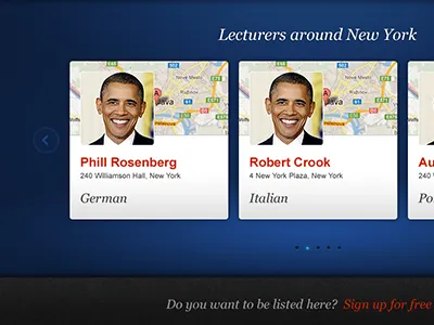 People Listing Carousel address black blue carousel listing location map people photo red ui