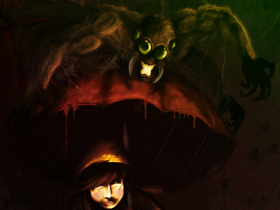 Rainy Day (Spider Creature) beast character design comic creepy dark fantasy horror illustration monster painting rain scary spider umbrella