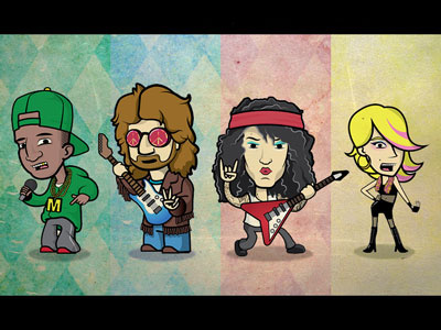 Group Shot - Music Mania Characters board game character character design diva game guitar guitarist headbanger illustration illustrator metal pop pop diva rap rapper singer