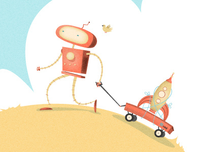 To the Launchpad! bird cart cloud hill illustration robot rocket sky