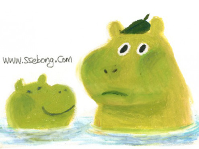 Green hippos. character hippo illustration oil pastel