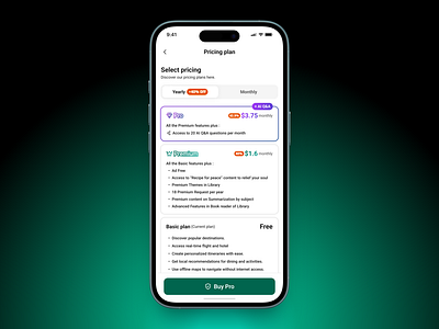 Pricing plans page - Pro with AI Q&A, Premium & Basic, ai ai qa app assistant button buy creative gradient ios iphone list plan premium pricing pricing plan pro purchase selected tab ui