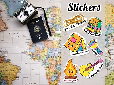 Set of hiking and trekking travel stickers in style y2k graphic design hiking illustration stickers travel trekking vector y2k