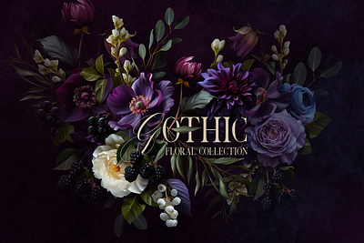 Moody Gothic Floral Collection autumn flowers blackberry blueberry clip art dahlia dark dark floral floral arrangements floral frame graphics halloween halloween flowers hellebore illustration moody purple flowers roses seamless pattern