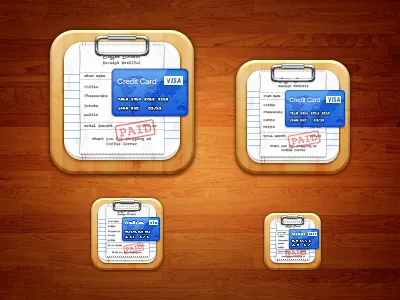 Bill Organizer iOS Icon (Final) 114px 144px 57px 72px bill credit card icon ios ipad iphone paper receipt wood