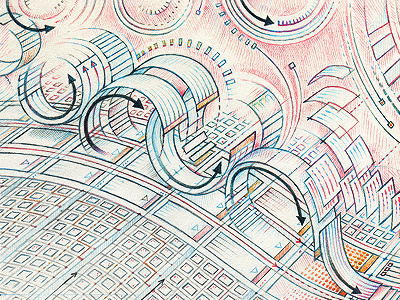 A universe of printing cycles arrow crayon cycles drawing grey illustration print print management red
