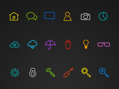 Line Play Vector Icons camera clock cloud gears glasses home icons illustrator line messages neon signs social tools vector