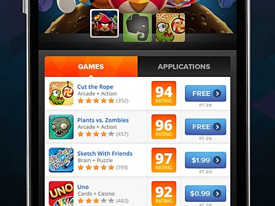App Store Mobile Site app button dark list mobile rating rows table