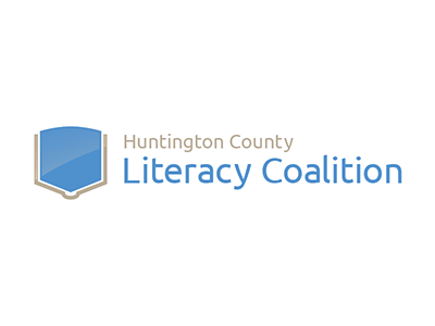 Literacy final logo blue book coalition huntington literacy logo logomark mark shield taupe