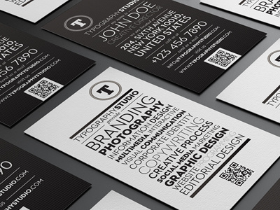 Typography Studio Business Card black and white business card black card brand branding bubble speech business business card card colorful business card corporate business card corporate identity creative business card detail business card futura identity landscape minimalism modern name card pixel portfolio card print ready professional professional card qr business card qr code quick response rainbow card studio business card typography business card