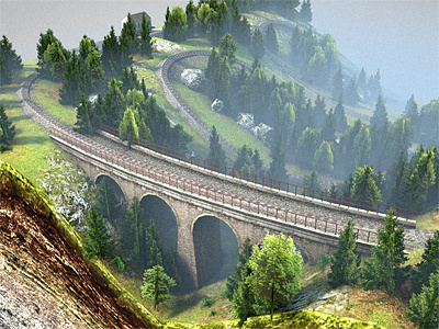 Level02 01 Dribbble Rebound 3d cinema4d design forest grass level modeling mud rails railway rendering rocks sediment terrain texture train trees viadukt