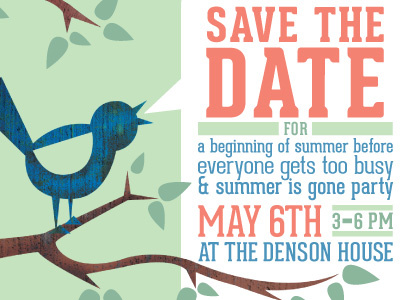 invite. bird illustration invite leaves tree typography