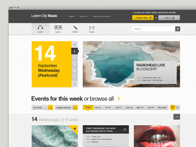 Event & Music Website clean interface minimal music ui user experience user interface web design yellow