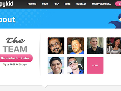 ZippyKid Team page about action button css cursive page start up typography ui design web