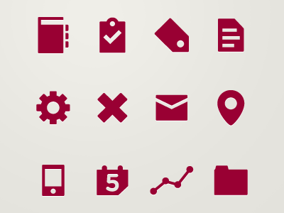 Icon Set 5 address book analytics calendar clipboard close date deal doc email envelope folder icon iphone location mobile notes pin red settings