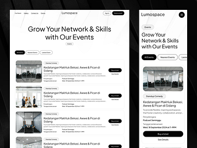 Event Pages from Lumospace - Collaborative Workspaces card design event page homepage landing page light mode tab ui ui ux uidesign ux web design website working space workspace