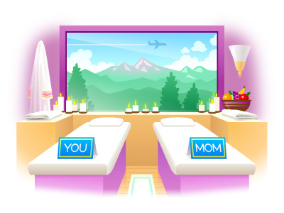 Spa Weekend for You and Mom candles design illustration massage mothers day mountains robe spa vector web