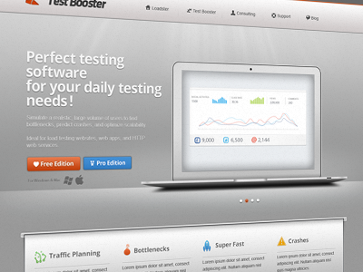 Tester App Landing Page blue graphs grey icons macbook menu navigation tabs tech ui web white