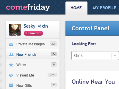 ComeFriday.com - User Menu control panel dating site icons menu navigation notifications ui user ux