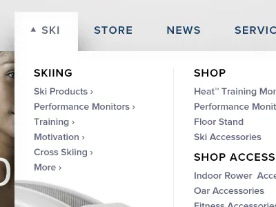 Fitness Mega Menu drop down floating grey mega menu navigation proxima nova shadow soft white