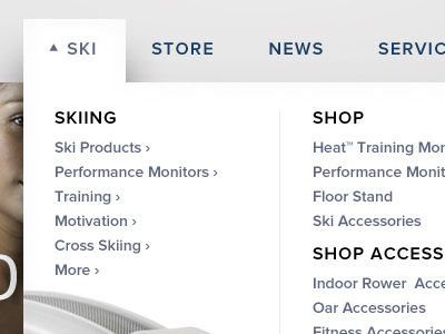 Fitness Mega Menu drop down floating grey mega menu navigation proxima nova shadow soft white