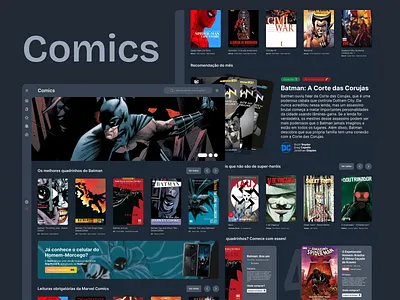 Comics.io – A Comic Discovery Website br brazilian clean comic comic books comics dark mode dc design desktop discover comics exploration figma heroes marvel plataform ui website