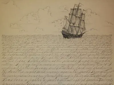 Semblance nautical ocean schooner script sea ship spencerian water waves