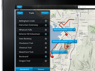 Traverse iPad App application black blue collaborative design drop down graphic highlight hypothetical interface ipad map mobile open sans orange photoshop selection sort student toggle touch trail traverse ui user interface ux wwu