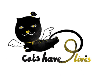 9 lives black cats children digital drawing illustration minimal yellow