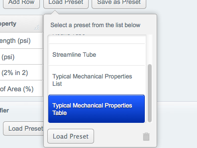 Table Builder - Loading Presets