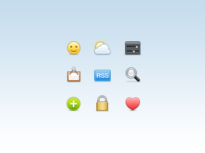 Even More 32px 32px add emoticon glass heart hud icons lock love magnifying notice padlock plus rss smiley weather