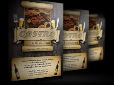 Restaurant Bar Magazine Flyer Ads ad advertising bar beer black classic clean conceptual design diner dinner dinning eating flyer flyer template food gourmet grill leaflet magazine modern plate print promotional psd pub red restaurant restaurant flyer scroll