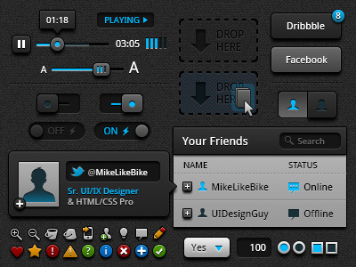 UI Kit Sample (Dark & Deep) buttons caption drop zone form elements iconography icons label list view media player module options photoshop player profile psd search slider toggle tool tip ui vector