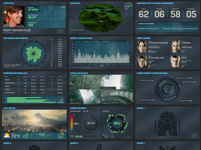 Cap Tour Control Room Grid blood pressure blue body camera capitol tour control room countdown cpu degrees drag graph green heart beat heart rate hunger games ignition interactive map memory network surveillance temperature time tracker ui vitals weather