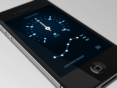 Sound Levels App android app blue crt gauge glow graph ios iphone mobile noise scanlines ui user interface