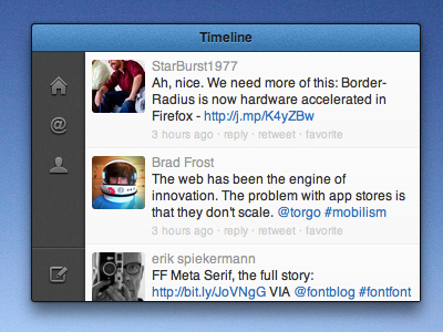 Timeline app css desktop gui html icons image interface sidebar text timeline tweet twitter ui widget