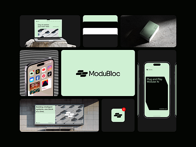 ModuBloc - AI solutions Startup agency bento block brand brand identity brand strategy branding design graphic design iconic logofolio logomark mockups studio symbol timeless ui visual identity webpage website