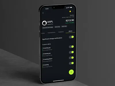 Investment Tracking App | Stocks Alerts cleanui customalerts darkmode financeapp financialanalytics fintech investmentapp minimaldesign mobileappdesign modernui notifications portfoliomanagement realtimedata stockapp stockmarket tradingapp tradingplatform uidesign userexperience uxdesign