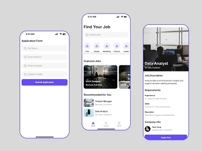 Job Finder App Design app design career cv employees finding job job job app job application job finder job listing job platform job portal job search job seeker mobile app mobile app design mobile design recruitment resume saas