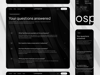 FAQ page from Lumospace - Collaborative Workspaces clean style dark mode design faq page frequently asked questions landing page ui ui ux uidesign ux web design website working space workspace