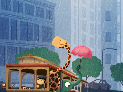 here comes the rain cable car giraffe illustration rain rainy san francisco sf umbrella