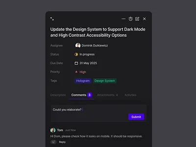 Task Details Drawer app board clean comment component dark mode dashboard desktop drawer figma kanban managment modal preview slider status tag task ui ux