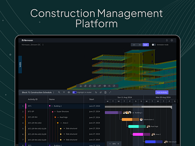 Construction Management Platform chart construction managemet dark mode data heavy design gantt management product design project management roadmap schedule task task management timeline ui uiux ux web design