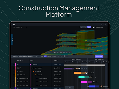 Construction Management Platform chart construction managemet dark mode data heavy design gantt management product design project management roadmap schedule task task management timeline ui uiux ux web design