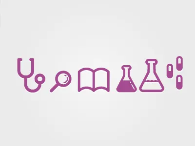 Medicons beaker book icons magnifying glass medical pills stethoscope